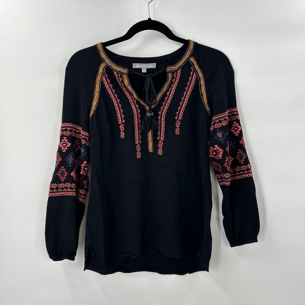 Daniel Rainn Embroidered Peasant Blouse Black XS Long Sleeve‎ Boho Festival Top